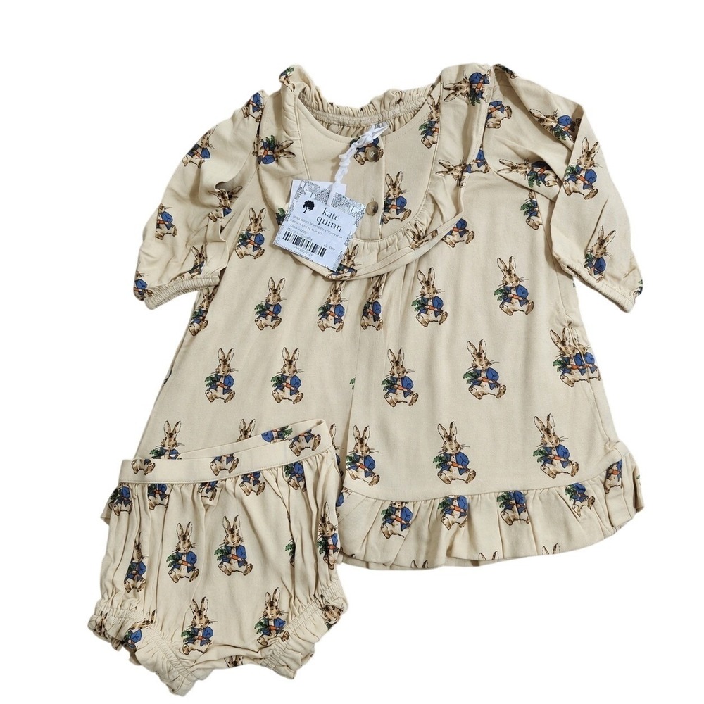 Kate Quinn 12-18m Peter Rabbit Long Sleeve Button Yoke Ruffle Dress Bloomer Set